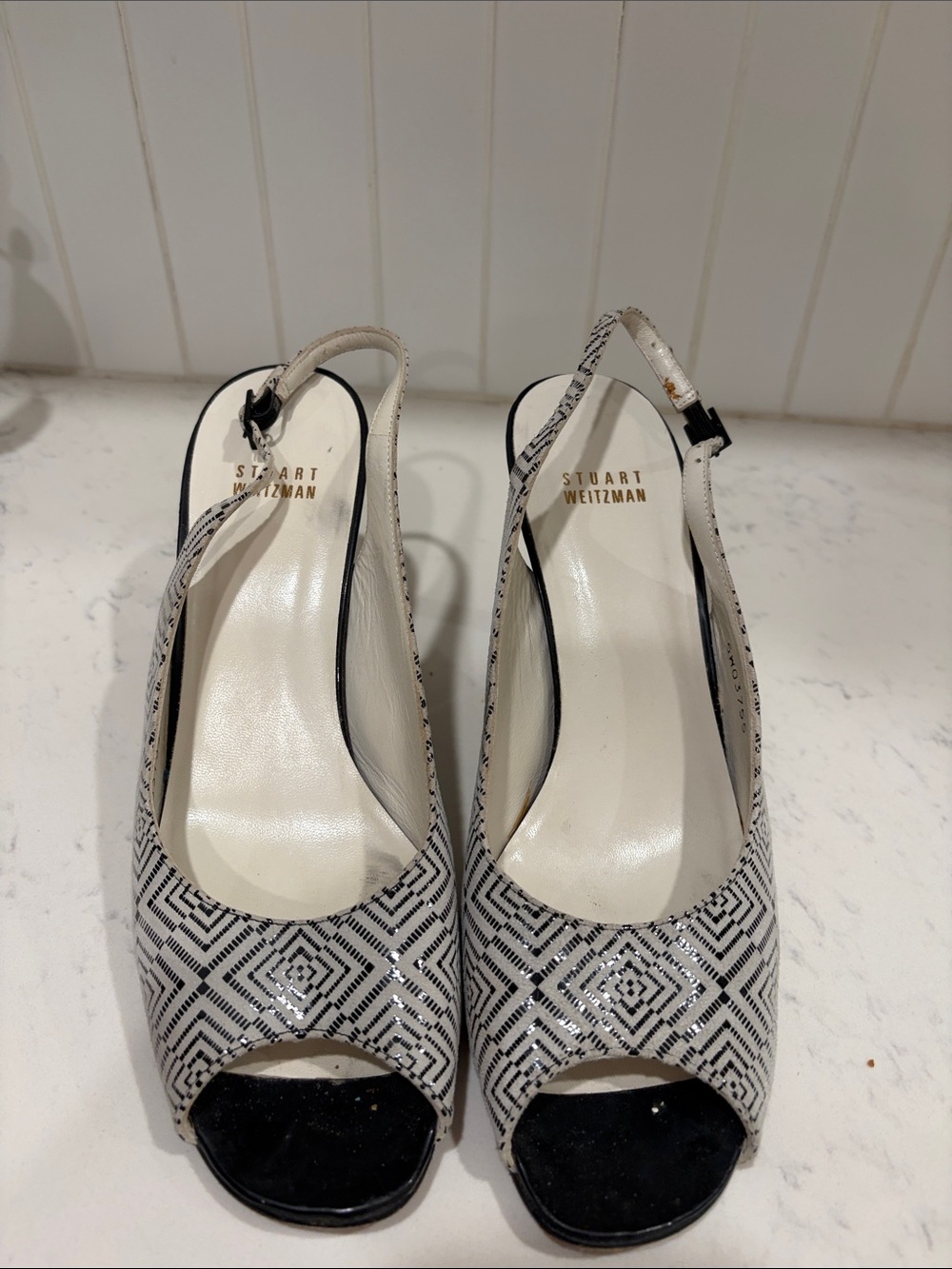 Stuart Weitzman Black & White Geometric Peep-Toe Slingback Heels